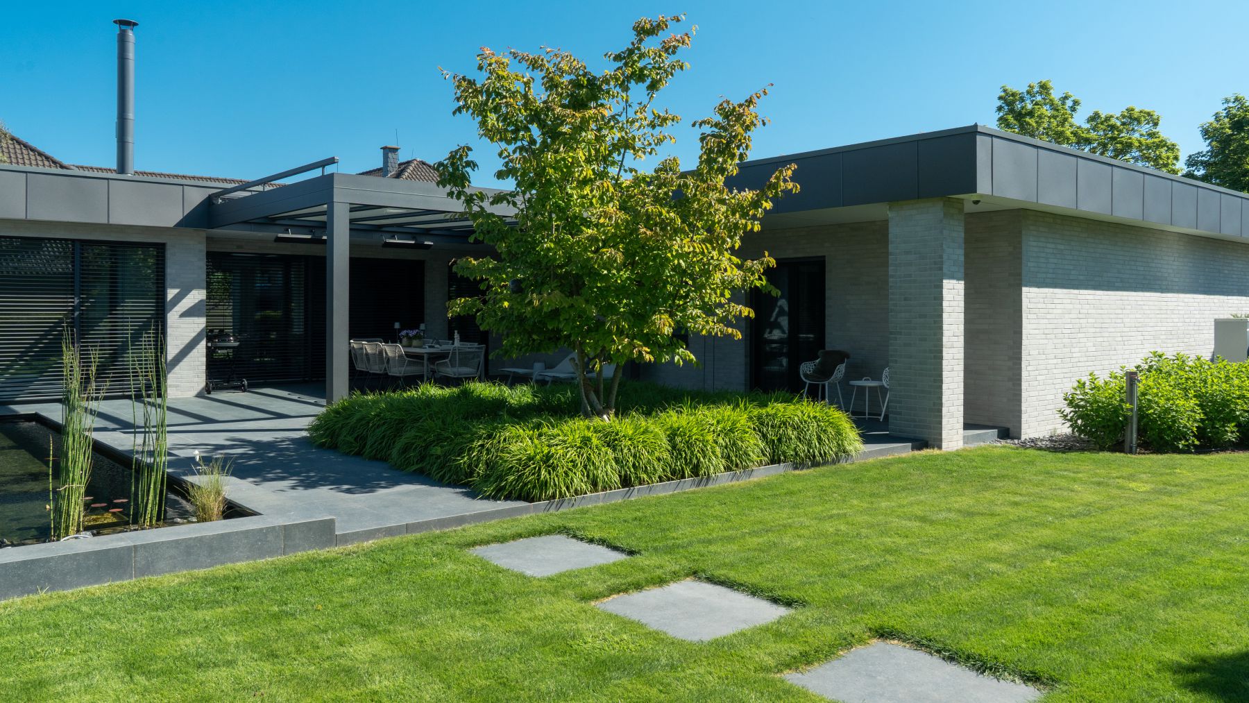 9.1 Zeitgemäßes Wohnen – moderner Garten mit Teich und lebendiger Atmosphäre in Bocholt